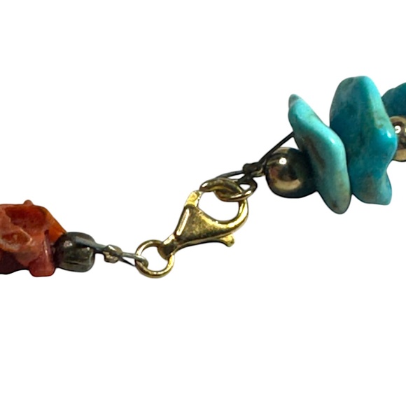Vintage 26” Red Coral & Turquoise Nugget Necklace with Brass Beads Southwestern - Picture 6 of 9